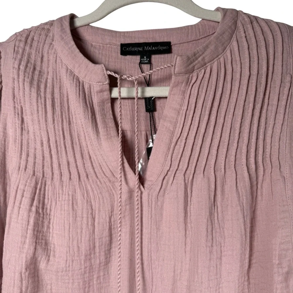 Catherine Malandrino NWT Organic Cotton Gauze Blouse Mauve Pleated Tassel S‎ - Picture 6 of 12